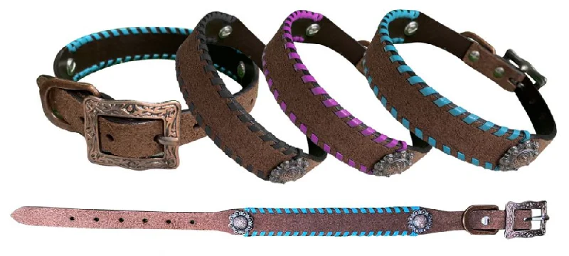 Genuine leather dog collar with colored rawhide lacing