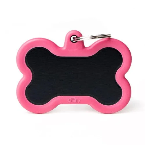 MyFamily Hushtag XL Black Aluminum Bone ID Tag with Pink Rubber