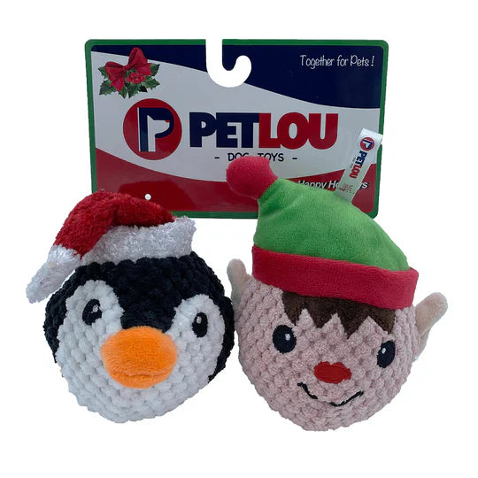 Petlou Holiday 2024 4" Ez Squeaky Ball Twin Pack, Penguin & Elf Plush Dog Toy