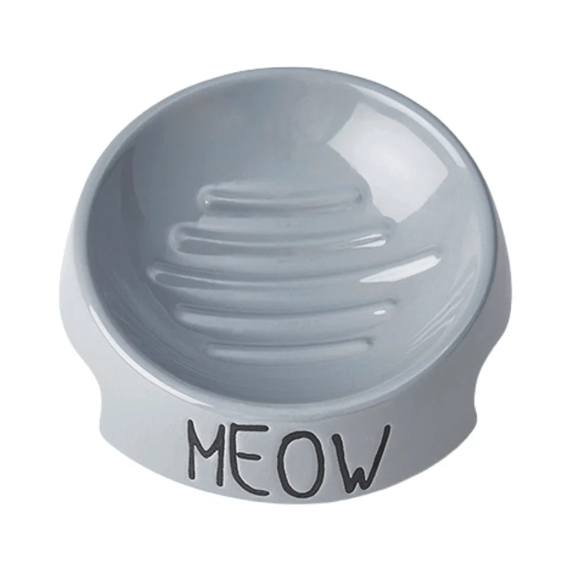 Stoneware Pet Bowl - "Meow" - Gray - 5" Inverted Bowl, 6 oz (Dishwasher Safe)